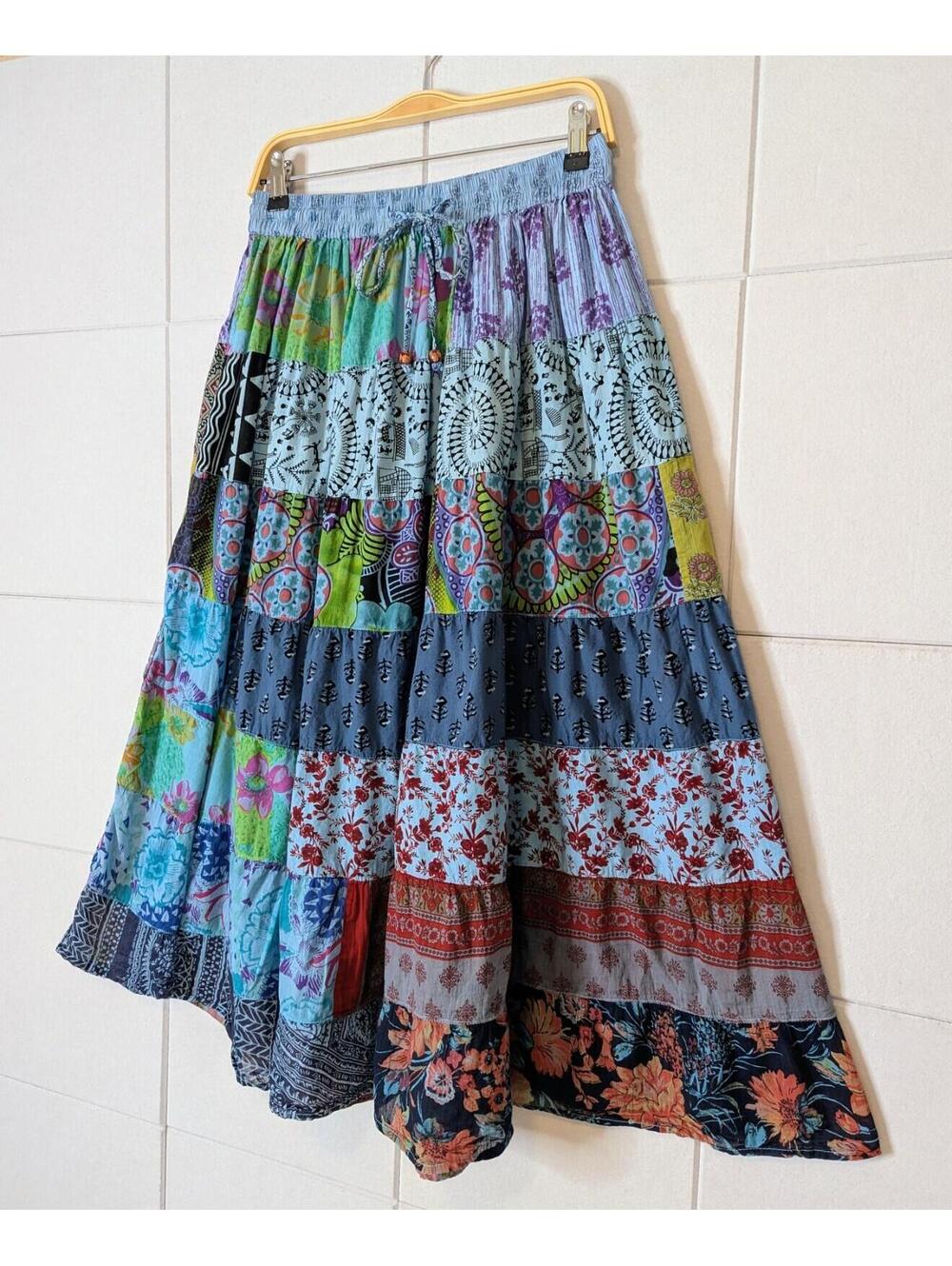 Gypsy Rose boho 100% cotton patchwork tiered flare midi skirt - Picture 2 of 7